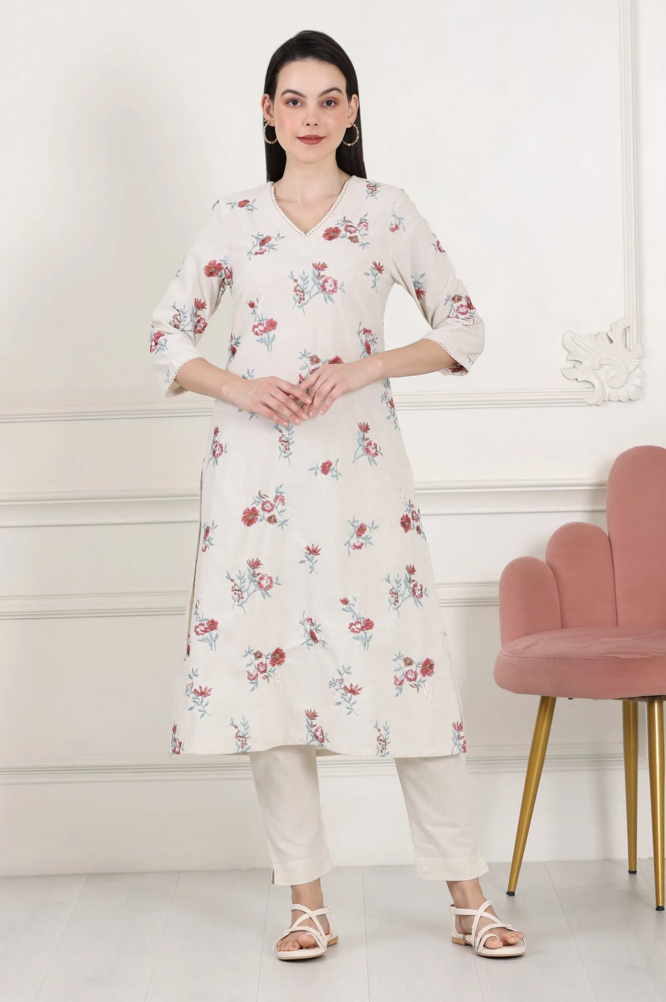 Beige Linen Straight Kurta With Multi-Coloured Thread Work