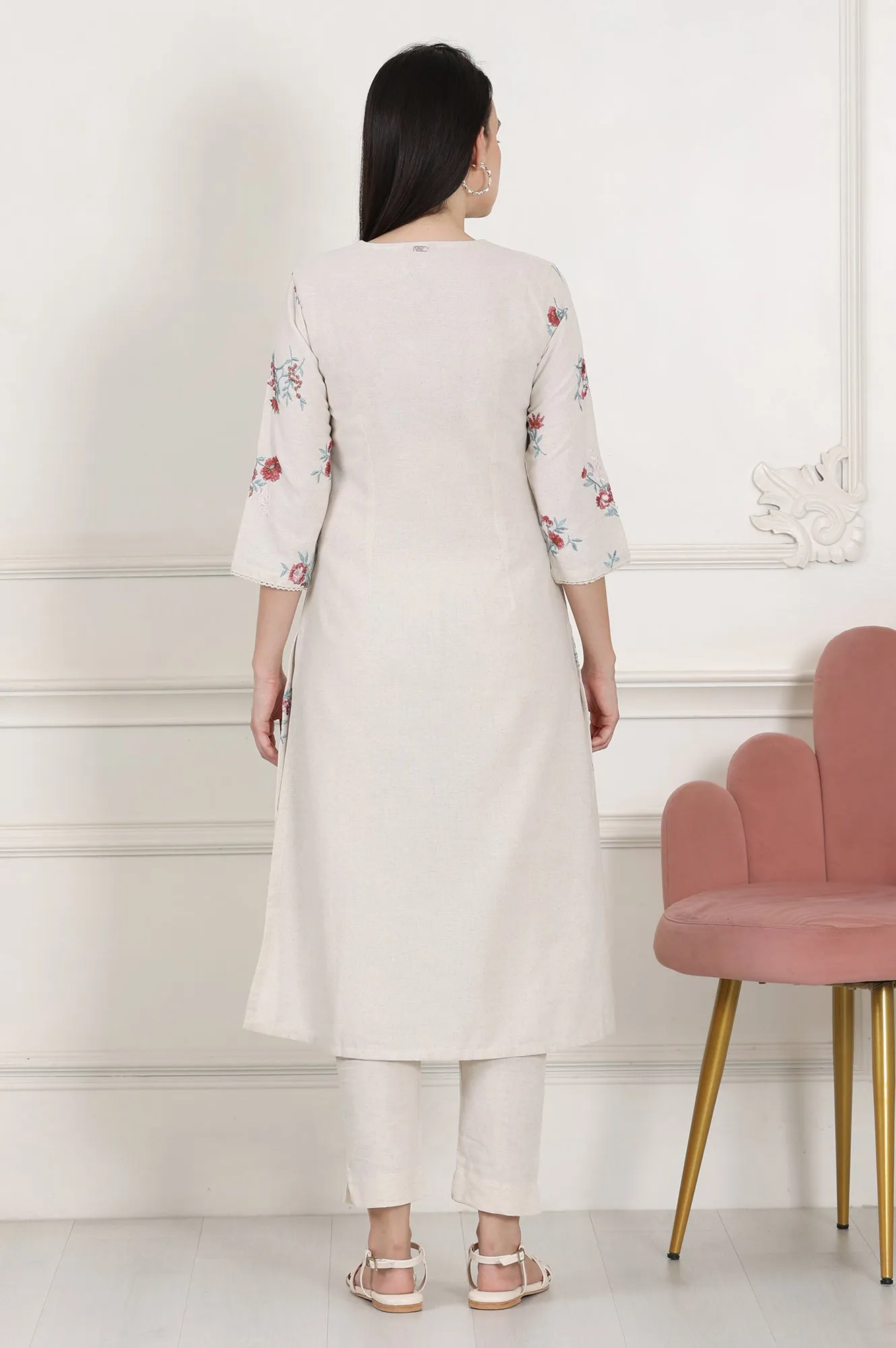Beige Linen Straight Kurta With Multi-Coloured Thread Work