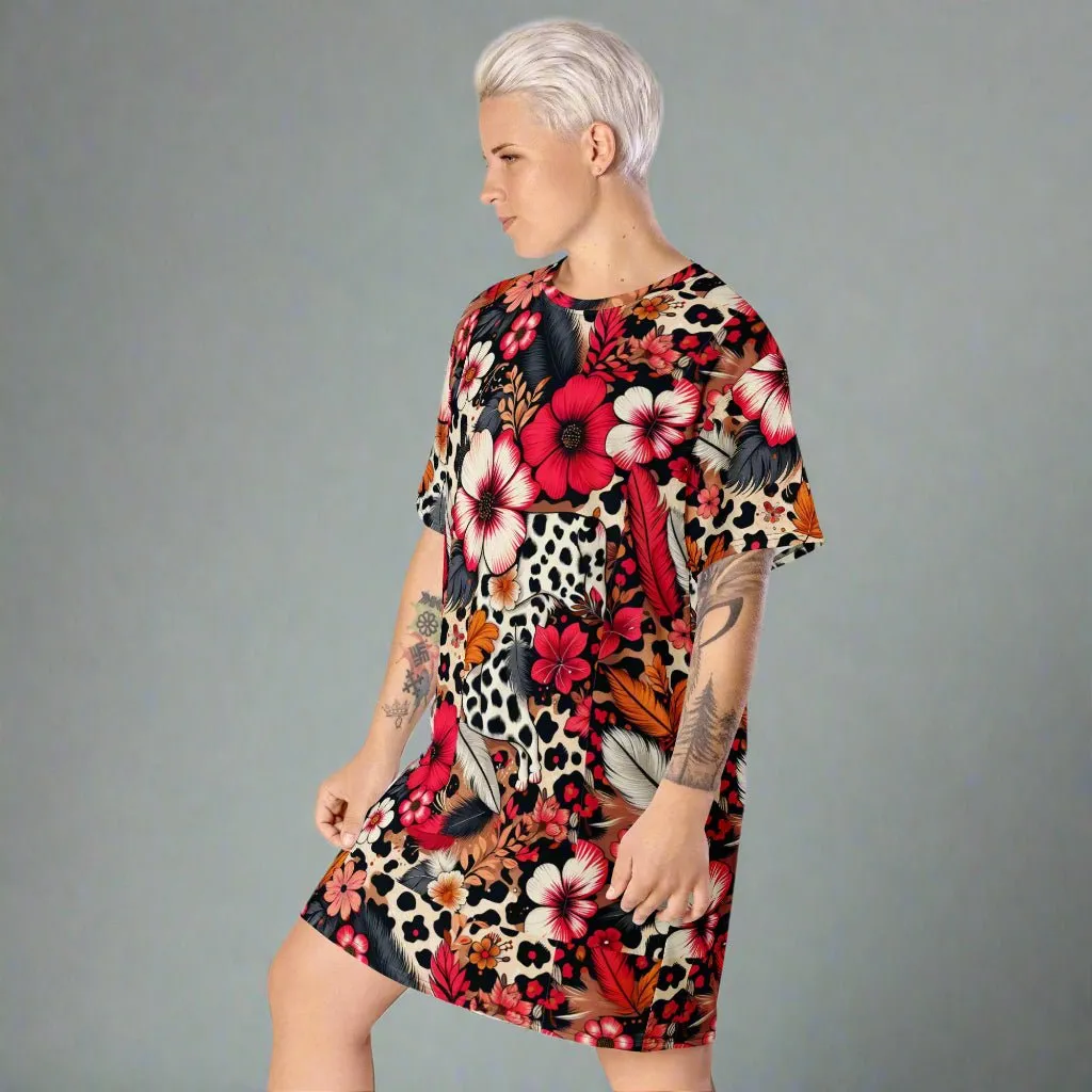 Bold Floral and Animal Print Oversized T-Shirt Dress 2XS-6XL