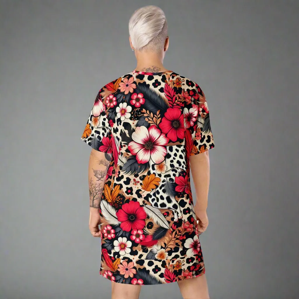 Bold Floral and Animal Print Oversized T-Shirt Dress 2XS-6XL