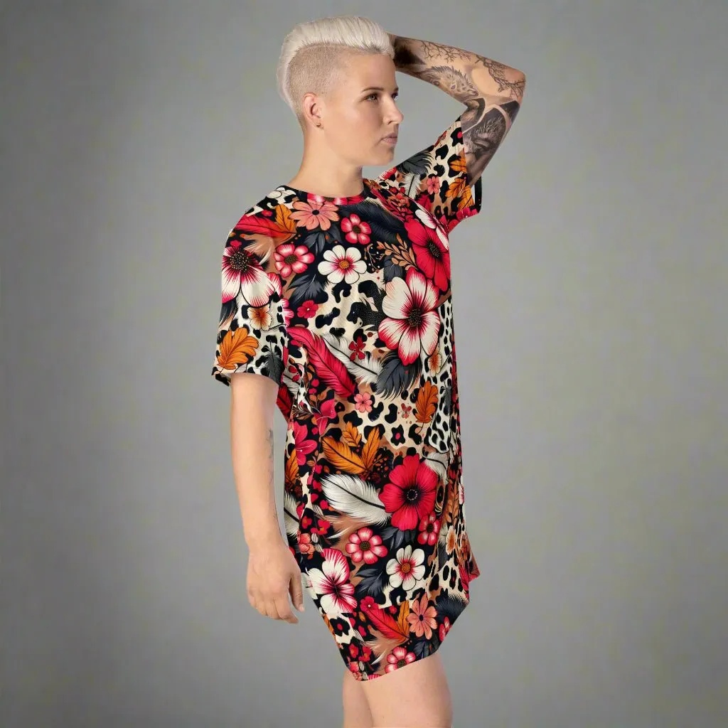 Bold Floral and Animal Print Oversized T-Shirt Dress 2XS-6XL