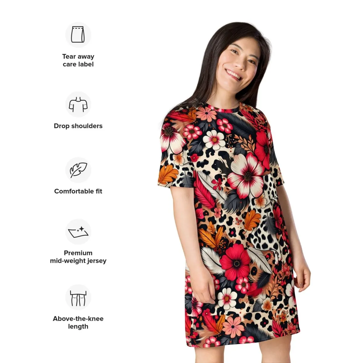 Bold Floral and Animal Print Oversized T-Shirt Dress 2XS-6XL