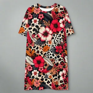Bold Floral and Animal Print Oversized T-Shirt Dress 2XS-6XL