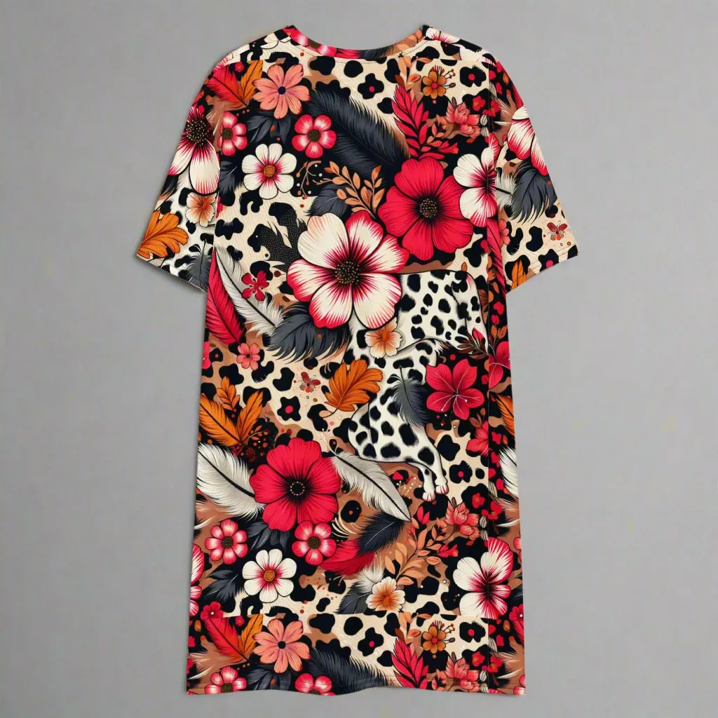 Bold Floral and Animal Print Oversized T-Shirt Dress 2XS-6XL