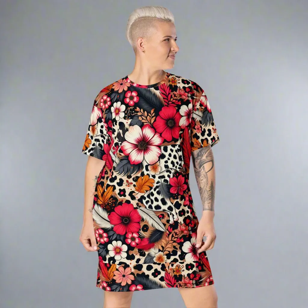 Bold Floral and Animal Print Oversized T-Shirt Dress 2XS-6XL