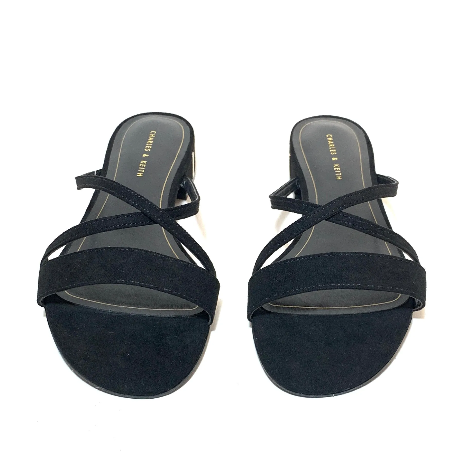 Charles & Keith Black Suede Strappy Block Heel Sandals | Brand New |