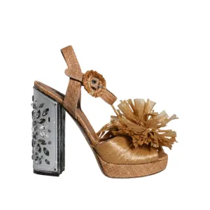 Dolce & Gabbana Brown Raffia Ankle Strap Crystal Sandals Shoes