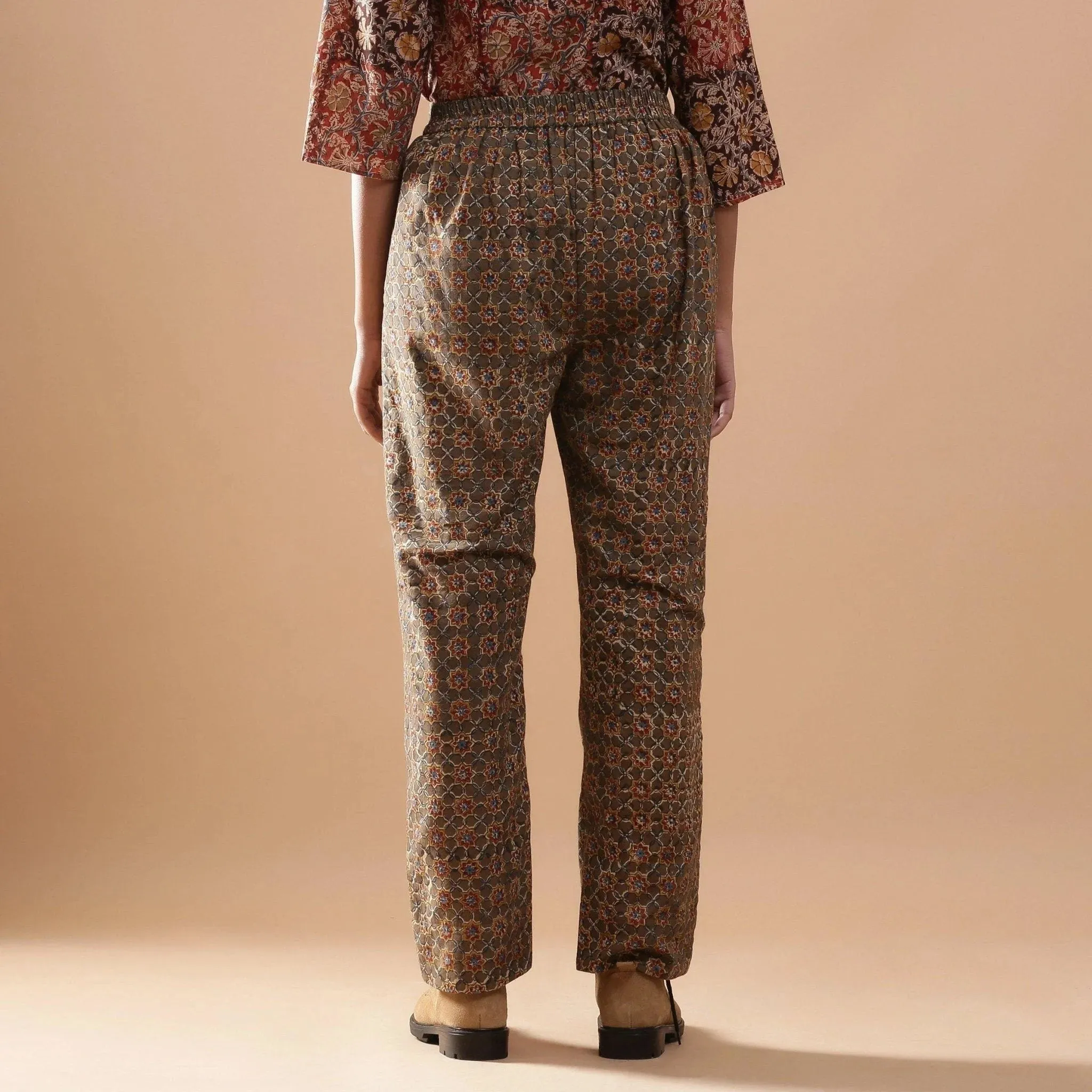 Muddy Green Warm Block Printed Full Length Cotton Pant