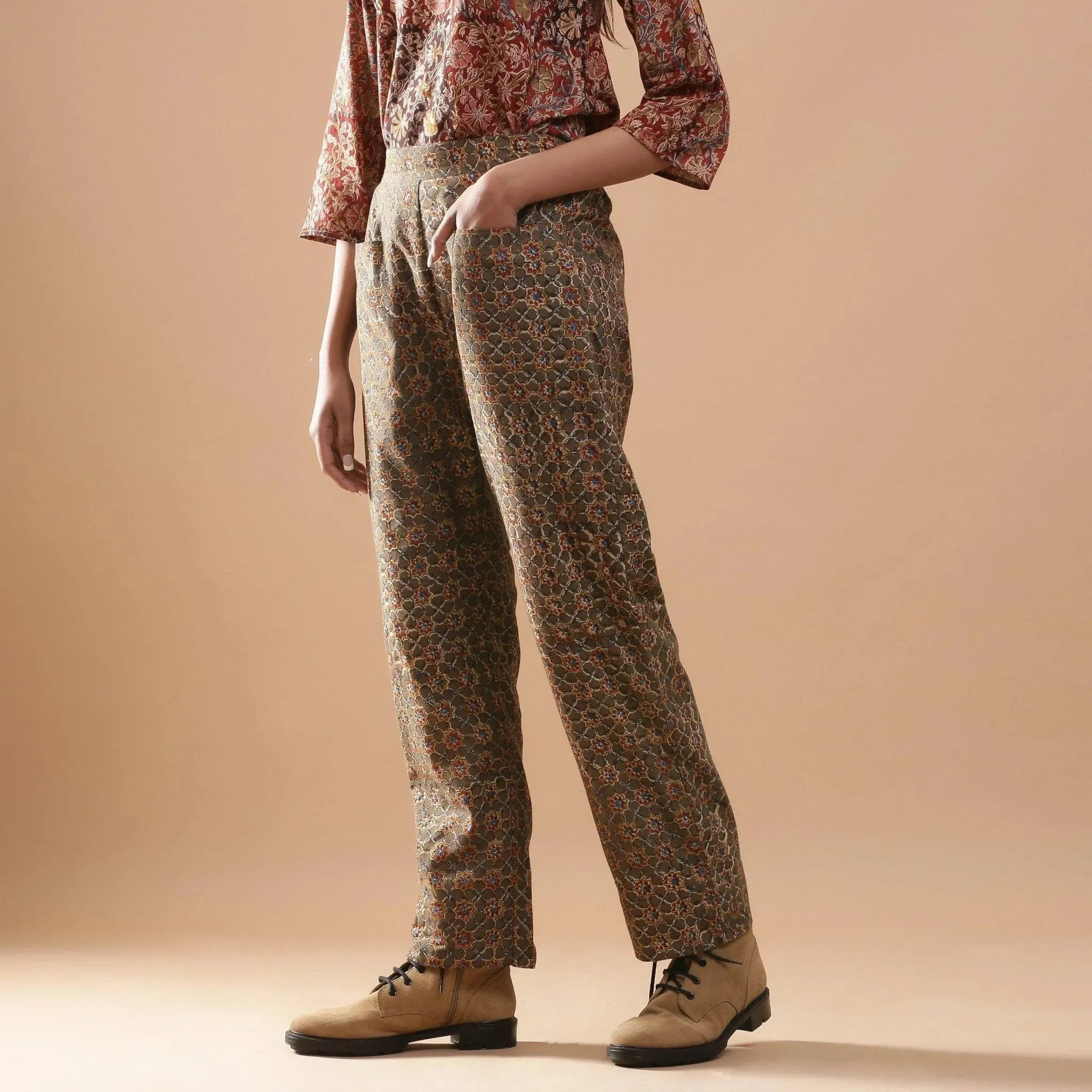 Muddy Green Warm Block Printed Full Length Cotton Pant