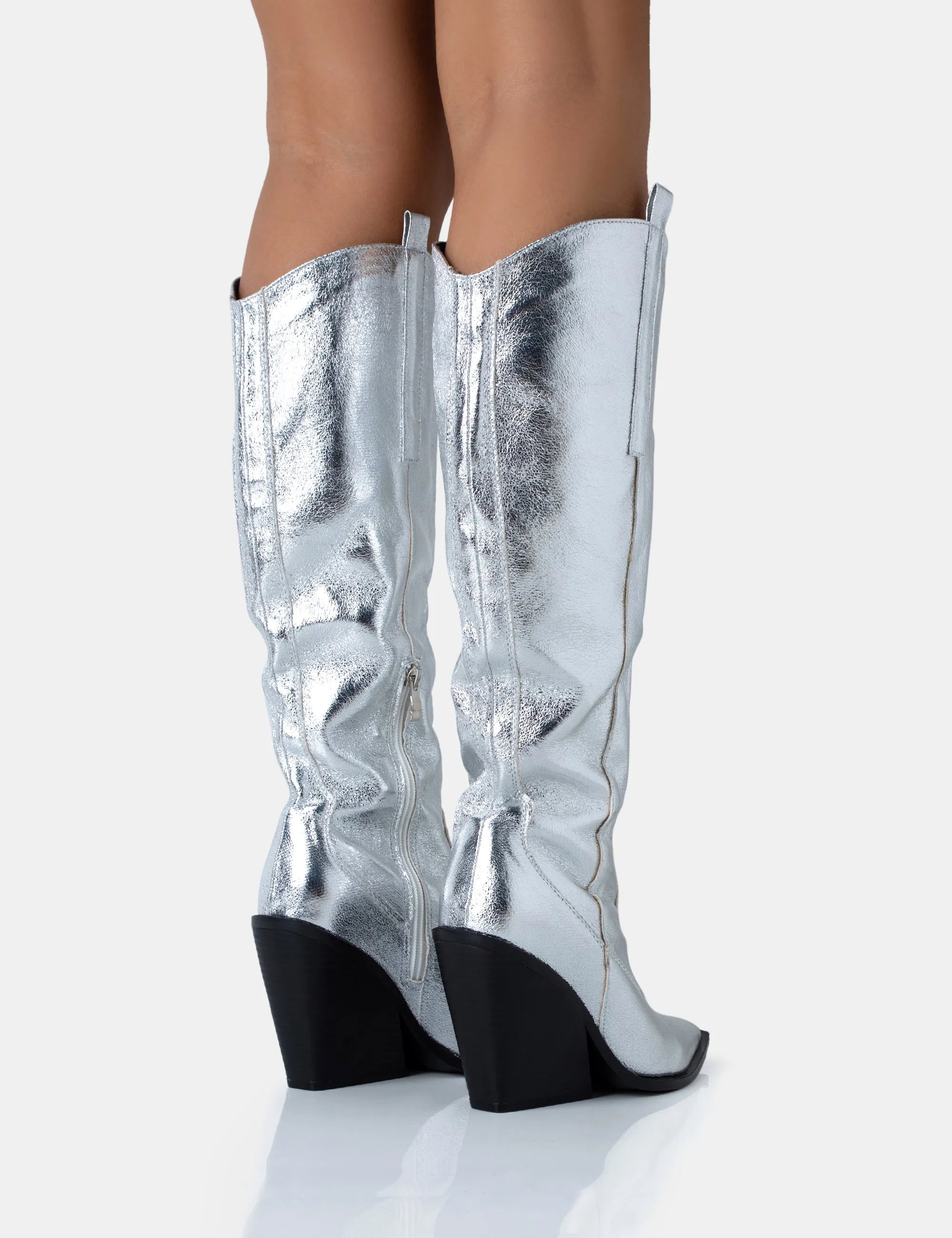 Nevada Silver Metallic Wide Fit Western Block Heel Knee High Boots