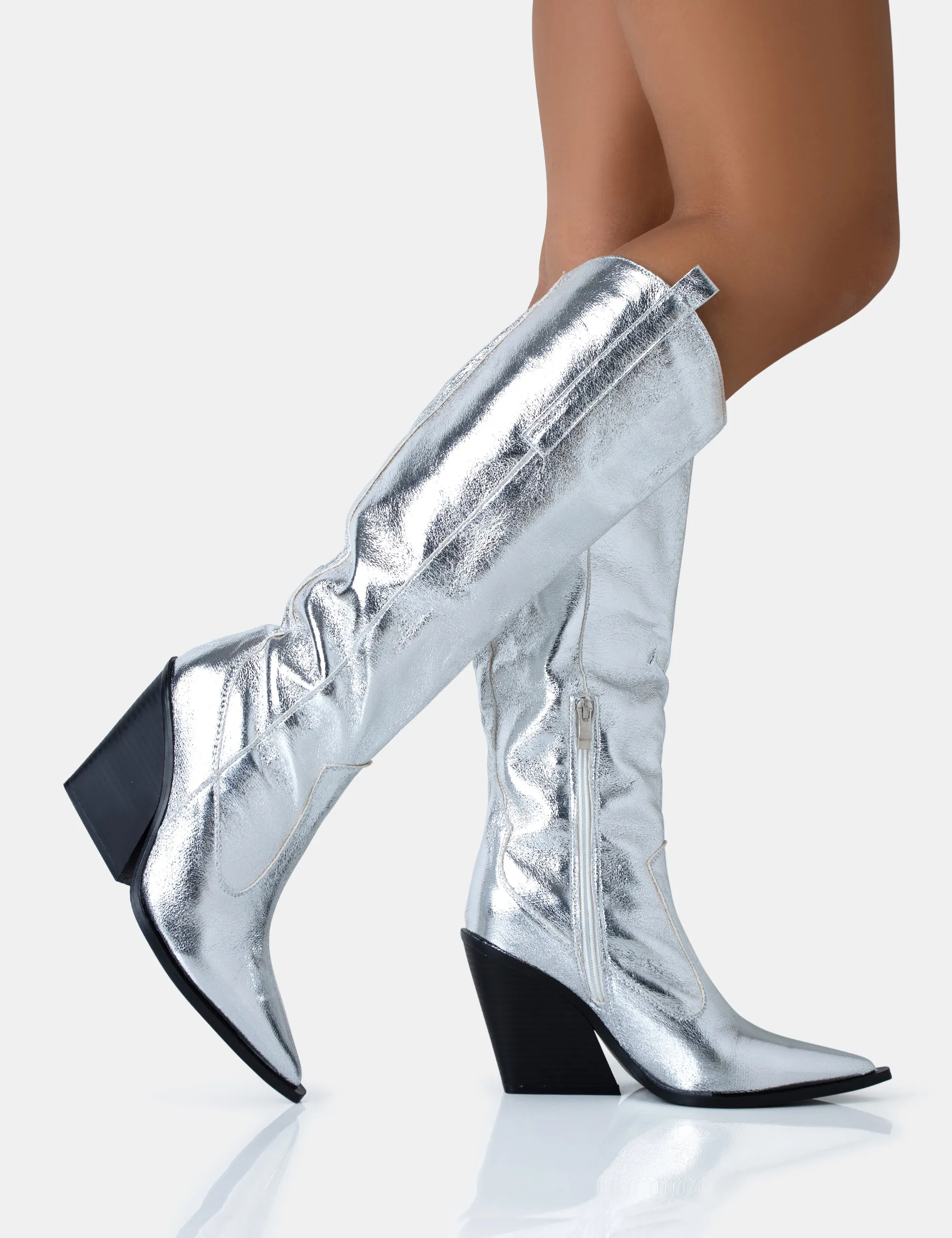 Nevada Silver Metallic Wide Fit Western Block Heel Knee High Boots
