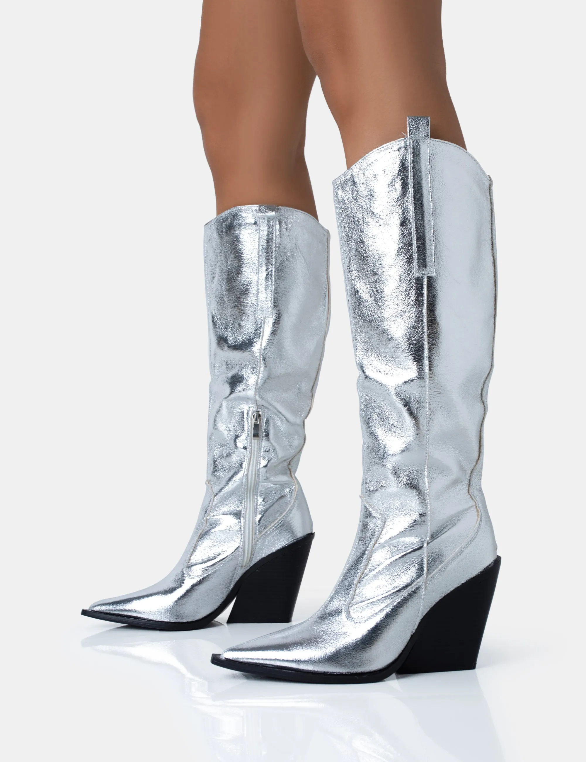 Nevada Silver Metallic Wide Fit Western Block Heel Knee High Boots