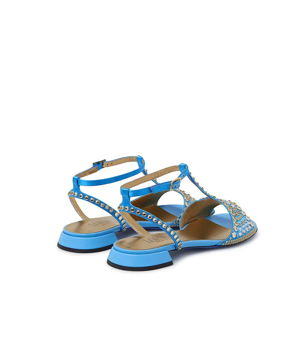 Persian blue satin and suede jewel sandal