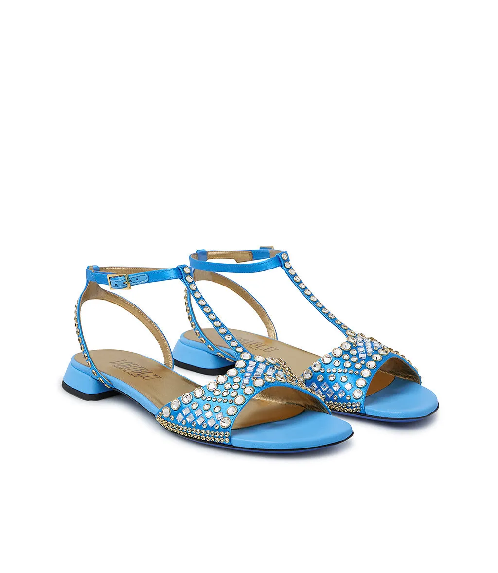 Persian blue satin and suede jewel sandal