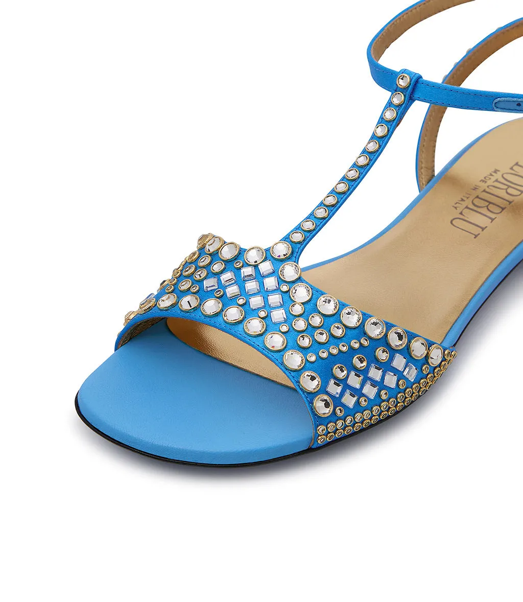 Persian blue satin and suede jewel sandal