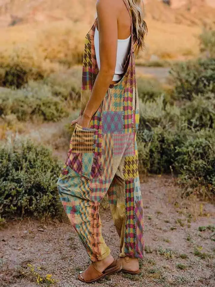 Pocketed V-Neck Sleeveless Boho Overalls