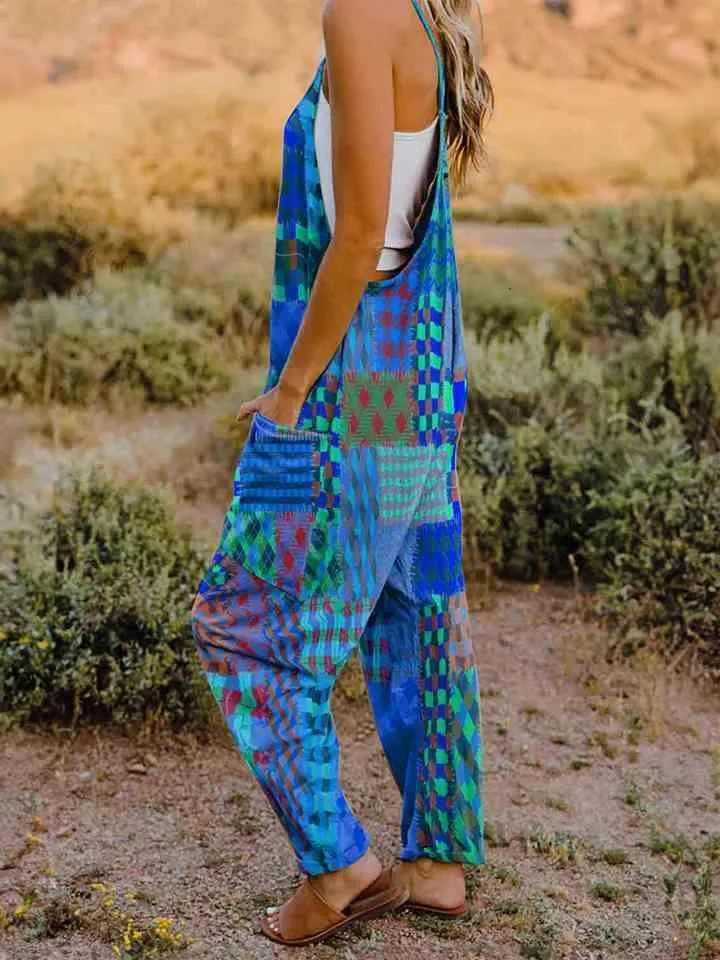 Pocketed V-Neck Sleeveless Boho Overalls