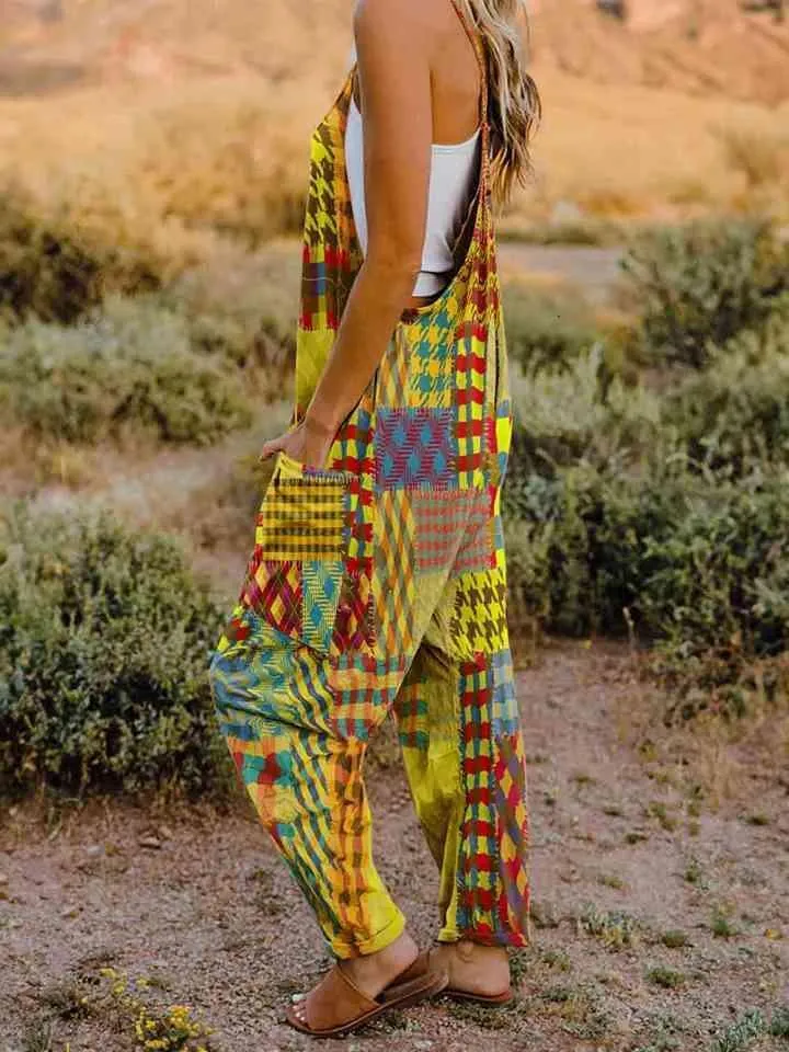 Pocketed V-Neck Sleeveless Boho Overalls