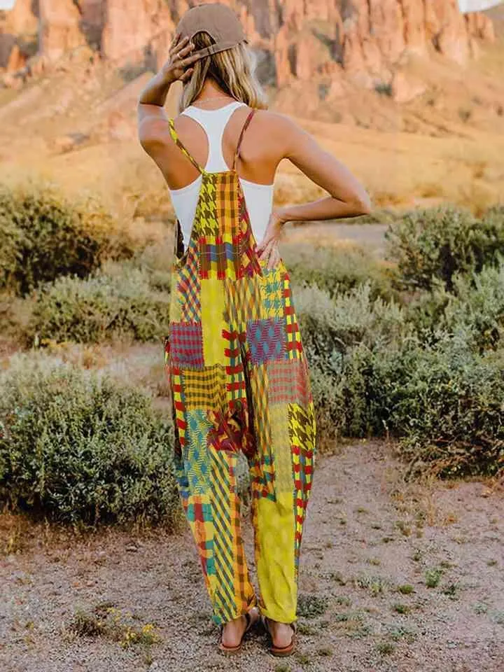 Pocketed V-Neck Sleeveless Boho Overalls