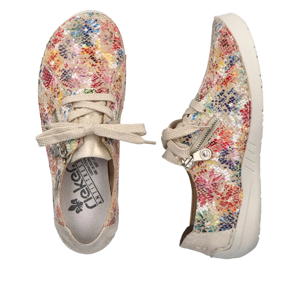 Rieker 52511-90 Ladies Beige Multi Leather & Textile Zip & Lace Trainers