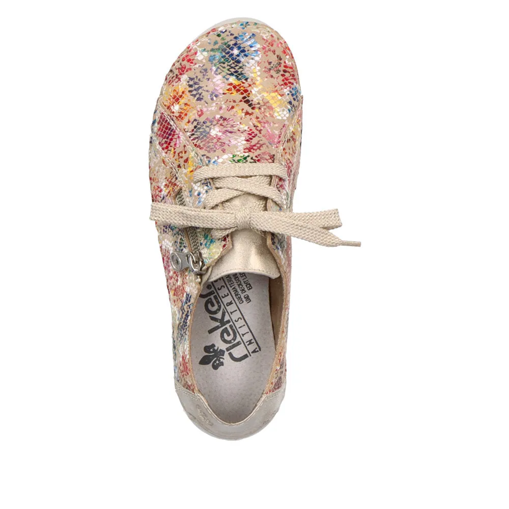Rieker 52511-90 Ladies Beige Multi Leather & Textile Zip & Lace Trainers