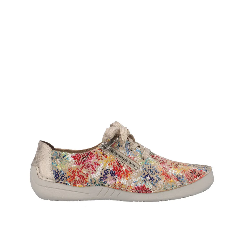 Rieker 52511-90 Ladies Beige Multi Leather & Textile Zip & Lace Trainers