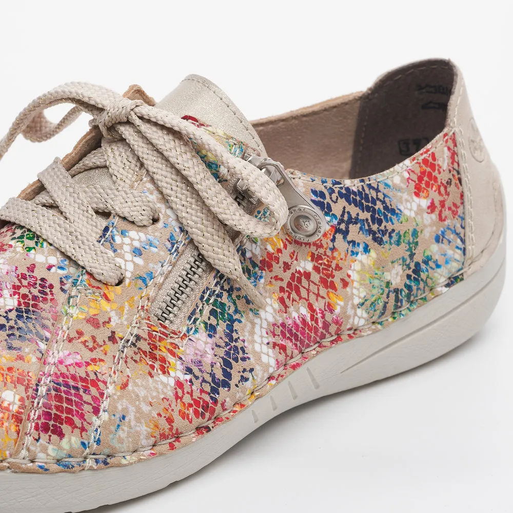 Rieker 52511-90 Ladies Beige Multi Leather & Textile Zip & Lace Trainers