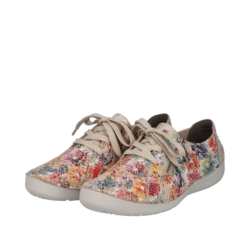 Rieker 52511-90 Ladies Beige Multi Leather & Textile Zip & Lace Trainers