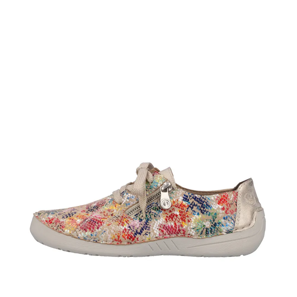 Rieker 52511-90 Ladies Beige Multi Leather & Textile Zip & Lace Trainers