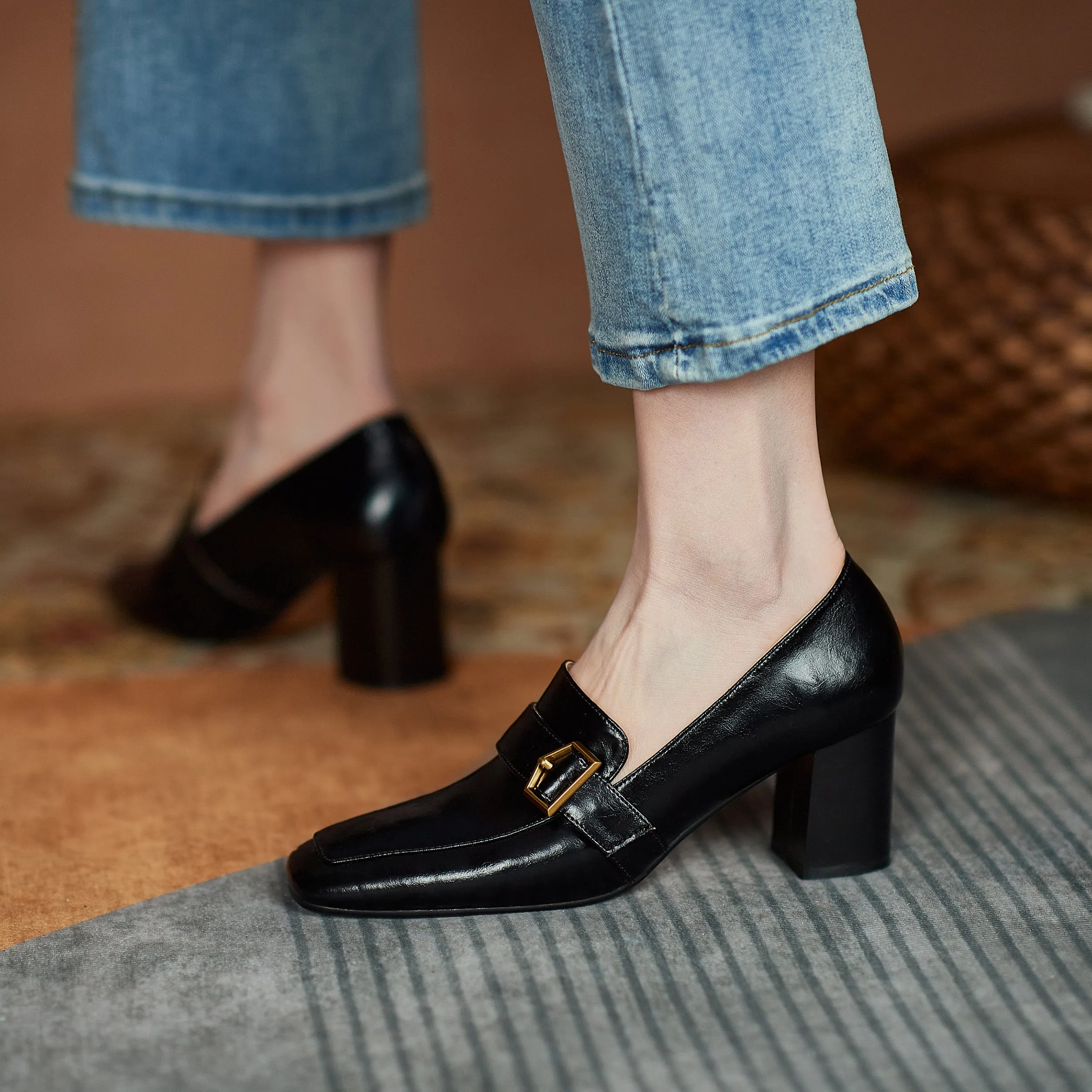 TinaCus Genuine Leather Women's Handmade Square Toe Mid Block Heel Slip On Graceful Oxford Loafer Pumps with Cool Buckle