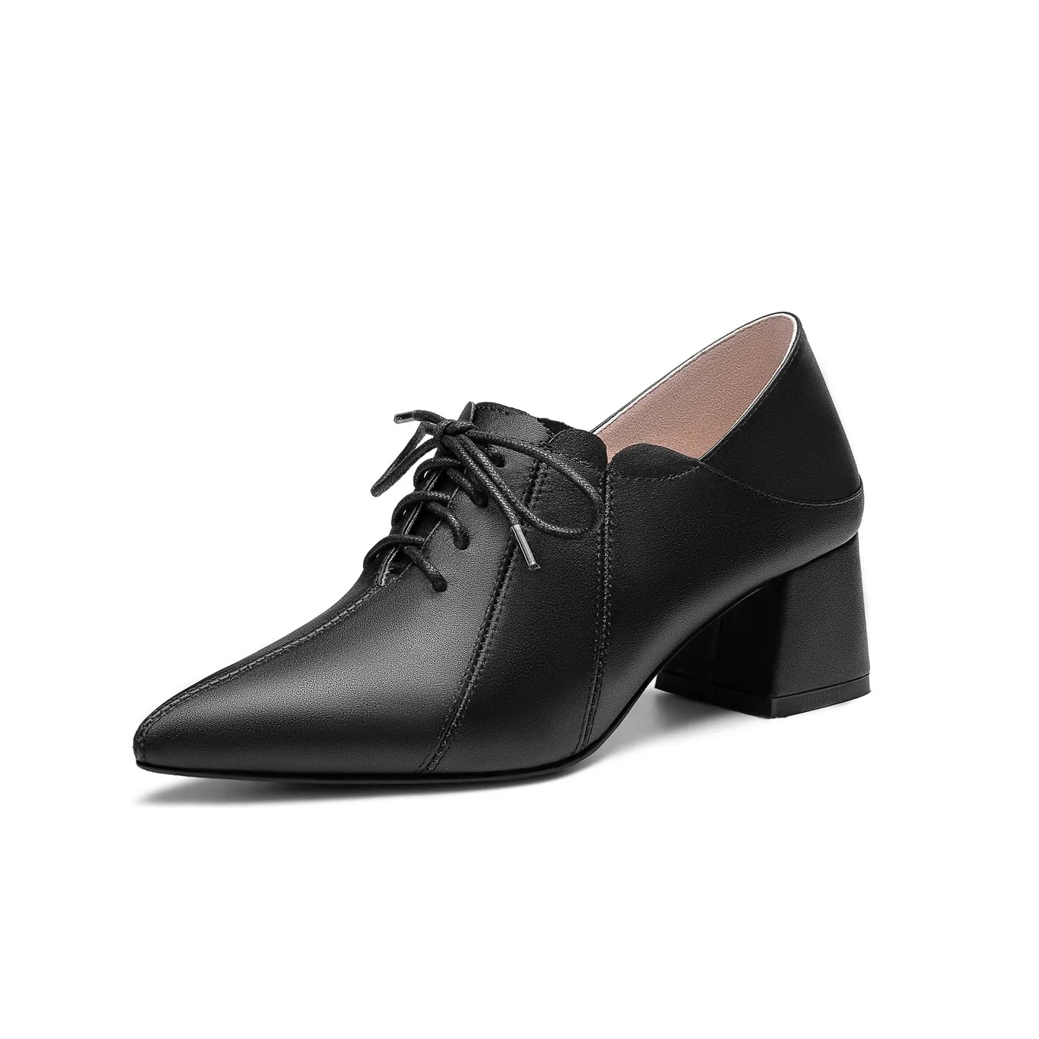 TinaCus Women's Genuine Leather Handmade Comfortable Mid Block Heel Pointed Toe Graceful Lace Up Pump Shoes