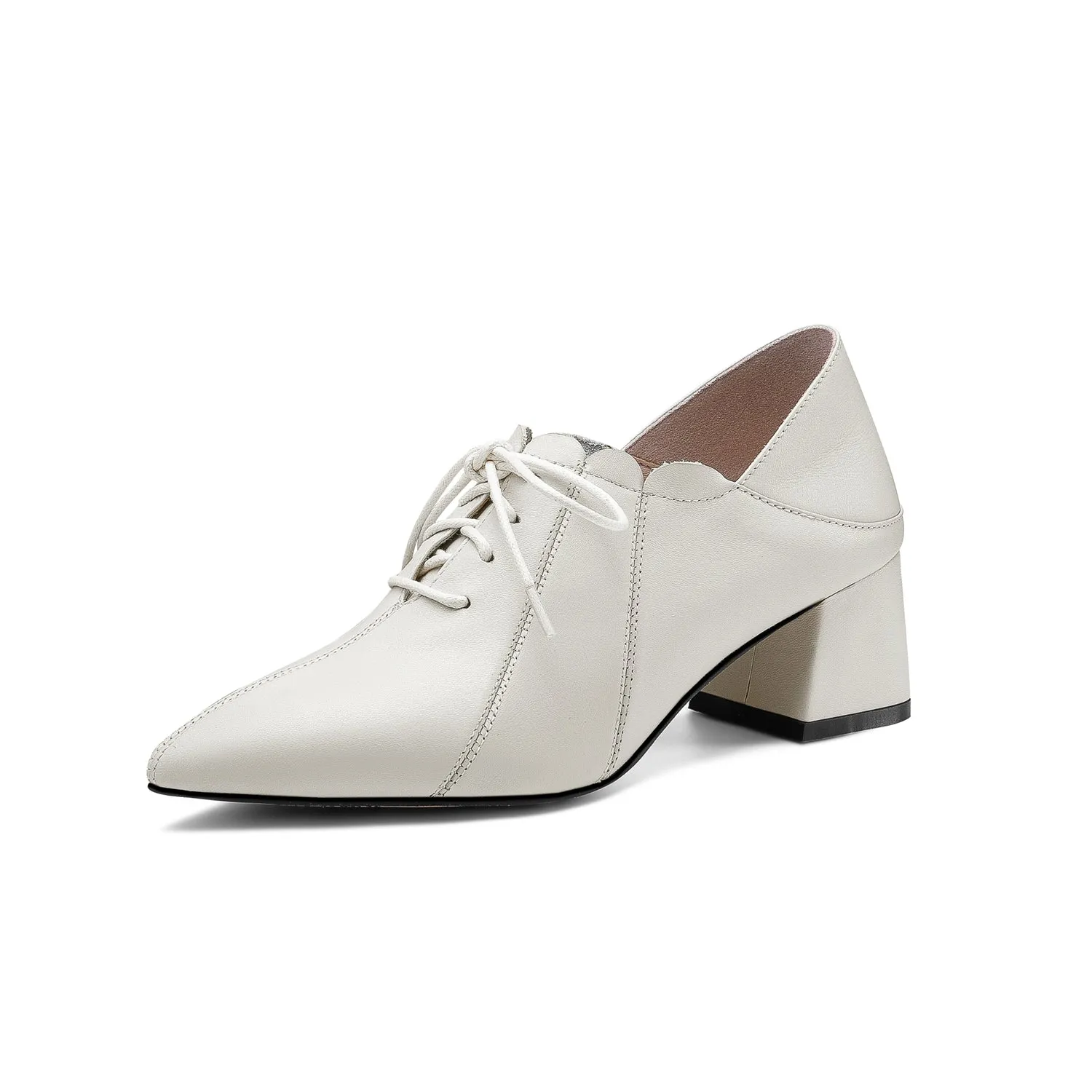TinaCus Women's Genuine Leather Handmade Comfortable Mid Block Heel Pointed Toe Graceful Lace Up Pump Shoes