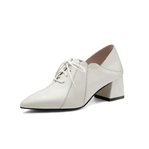 TinaCus Women's Genuine Leather Handmade Comfortable Mid Block Heel Pointed Toe Graceful Lace Up Pump Shoes