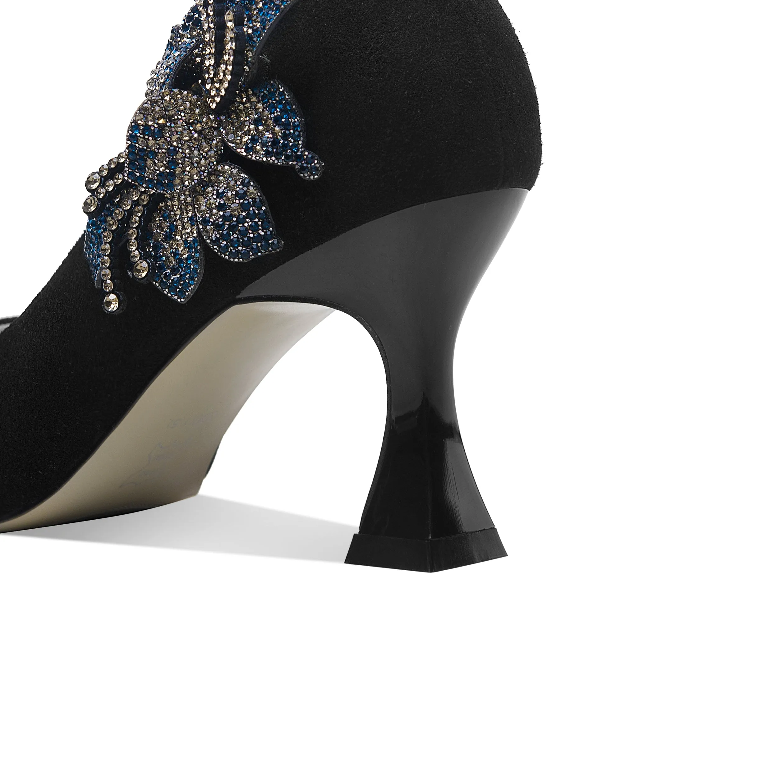 TinaCus Women's Suede Leather Handmade Clear Pointed Toe Glitter Blue Flower Decor Slip On High Spool Heel Pump Shoes