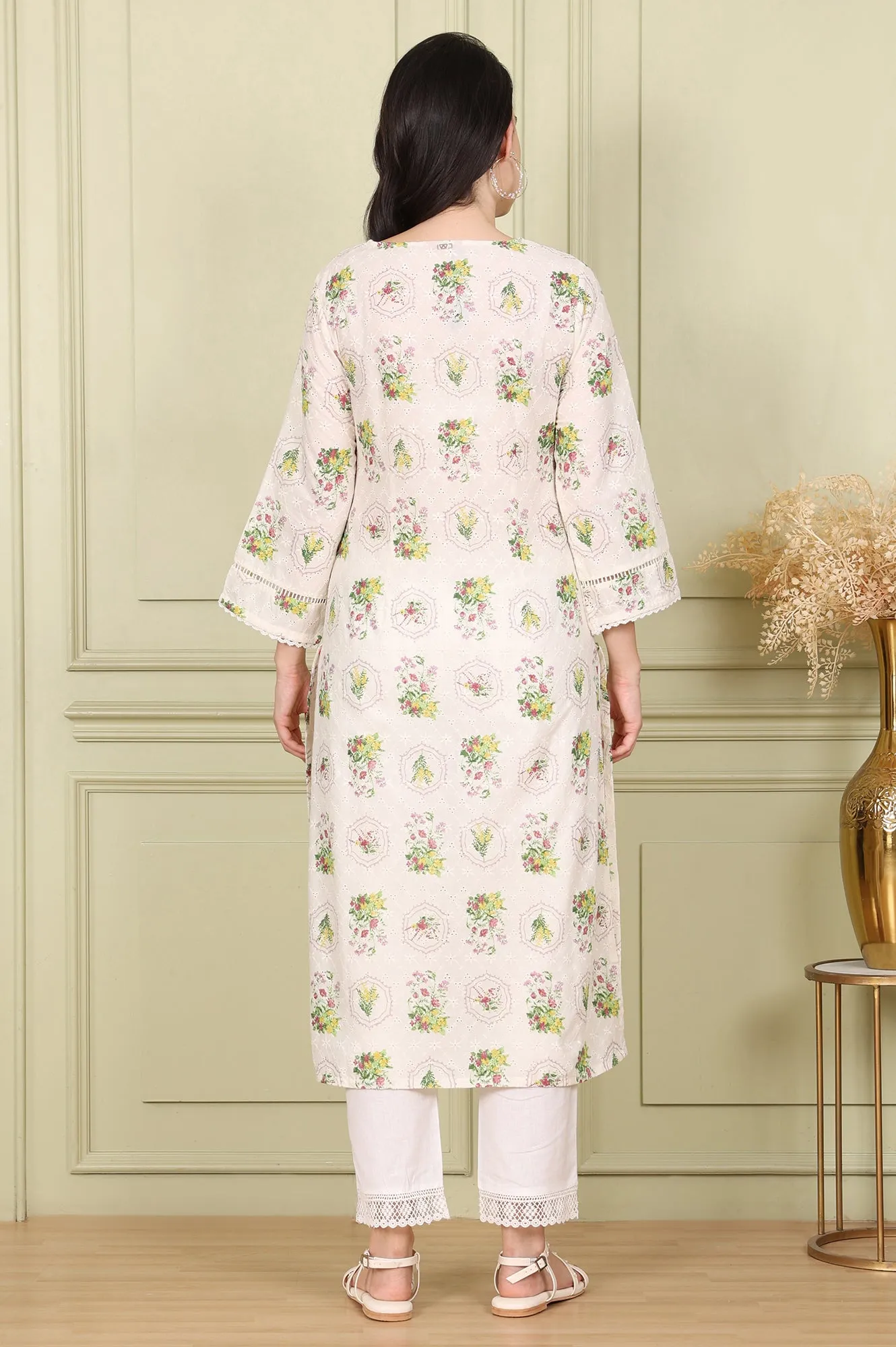 White Floral Printed Schiffli Pure Cotton Straight Kurta