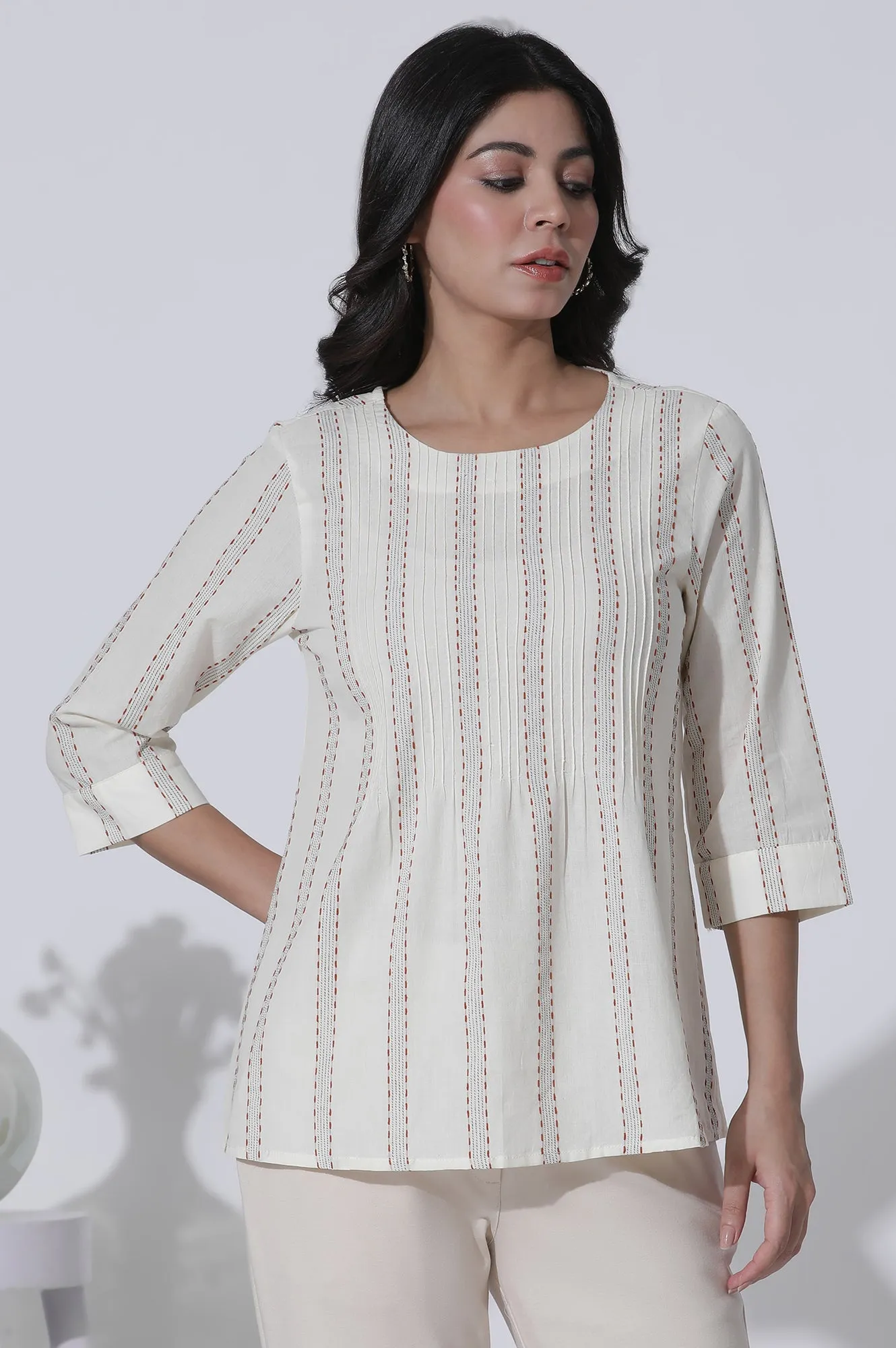 White Yarn-Dyed Stripes Cotton Top