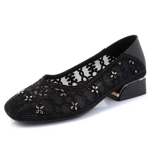 Women's Soft Sole Mesh Floral Single Shoes with Hotfix Rhinestone Embellishments 51124528C