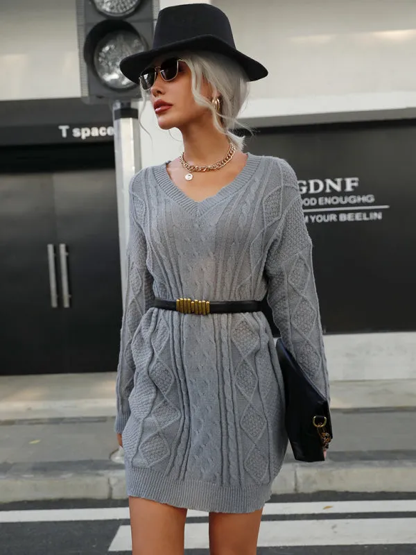 Women’s V-Neck Textured Short Knit Dress With Long Sleeves
