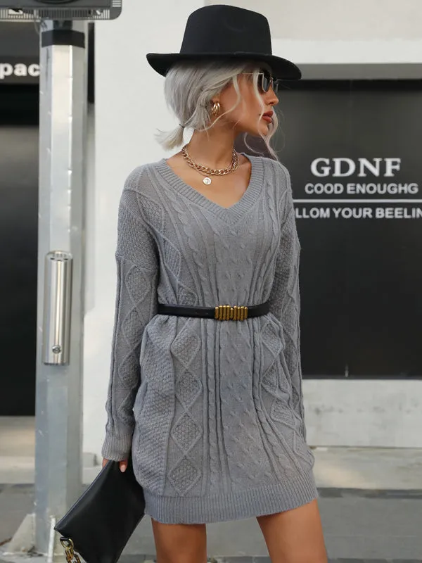 Women’s V-Neck Textured Short Knit Dress With Long Sleeves